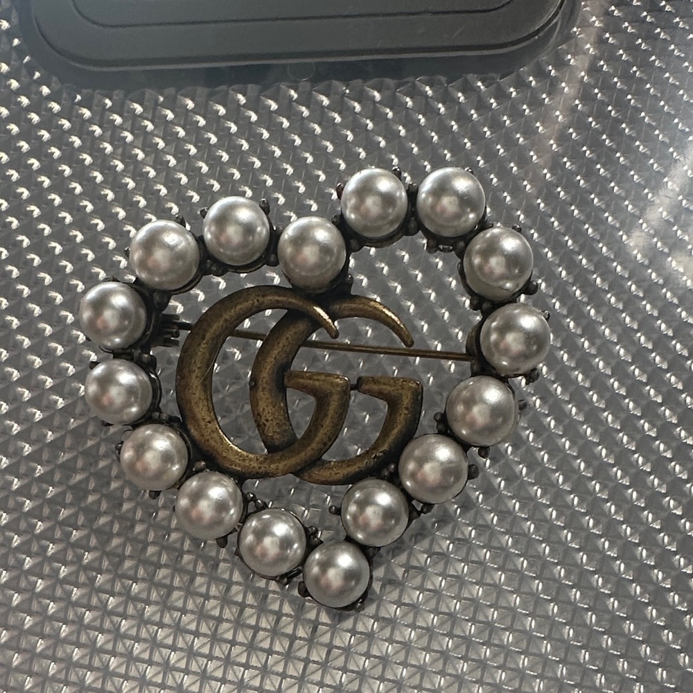 Elegant Heart Brooch with Silver Pearls and Gold Accents